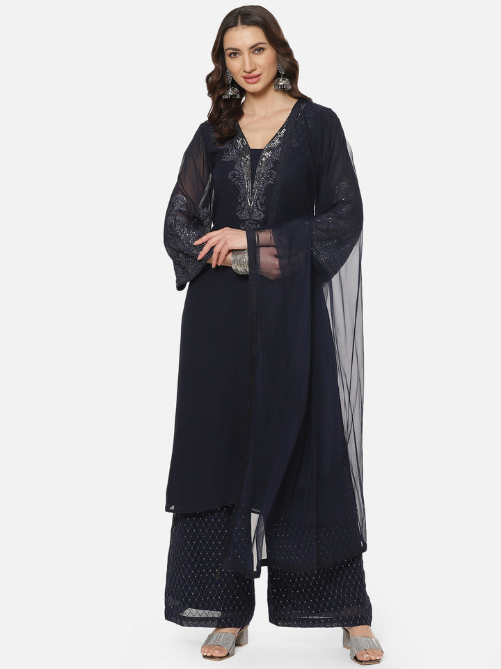 Solid Sequence Georgette Stitched Salwar Kameez With Net Dupatta