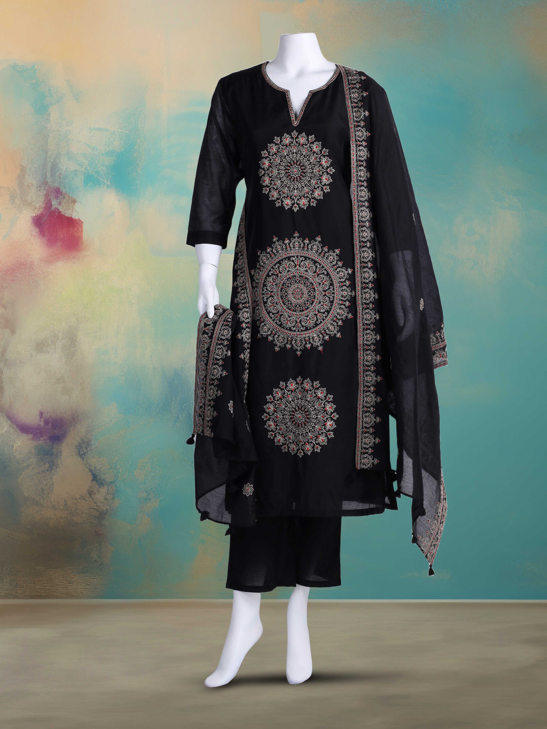 Embroidered Chanderi Kurta With Pants &amp; Dupatta