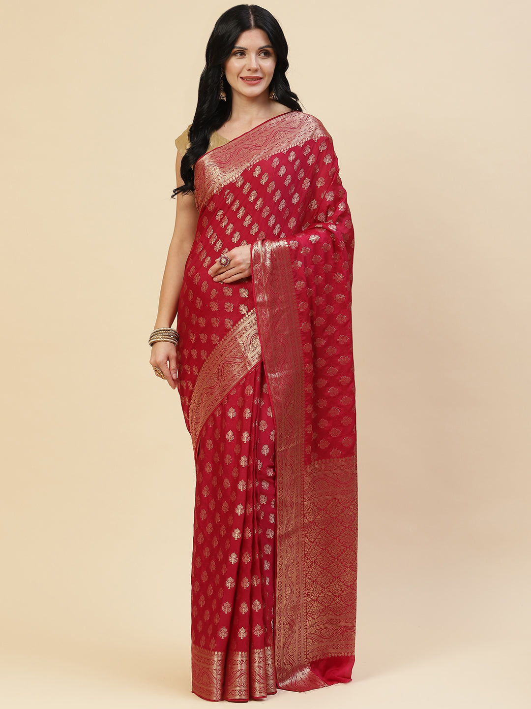 Zari Border Booti Chiffon Plain Saree