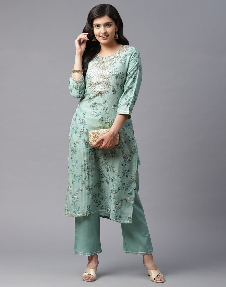 Printed Kurti Pant Set with Gota Yoke Embroidery