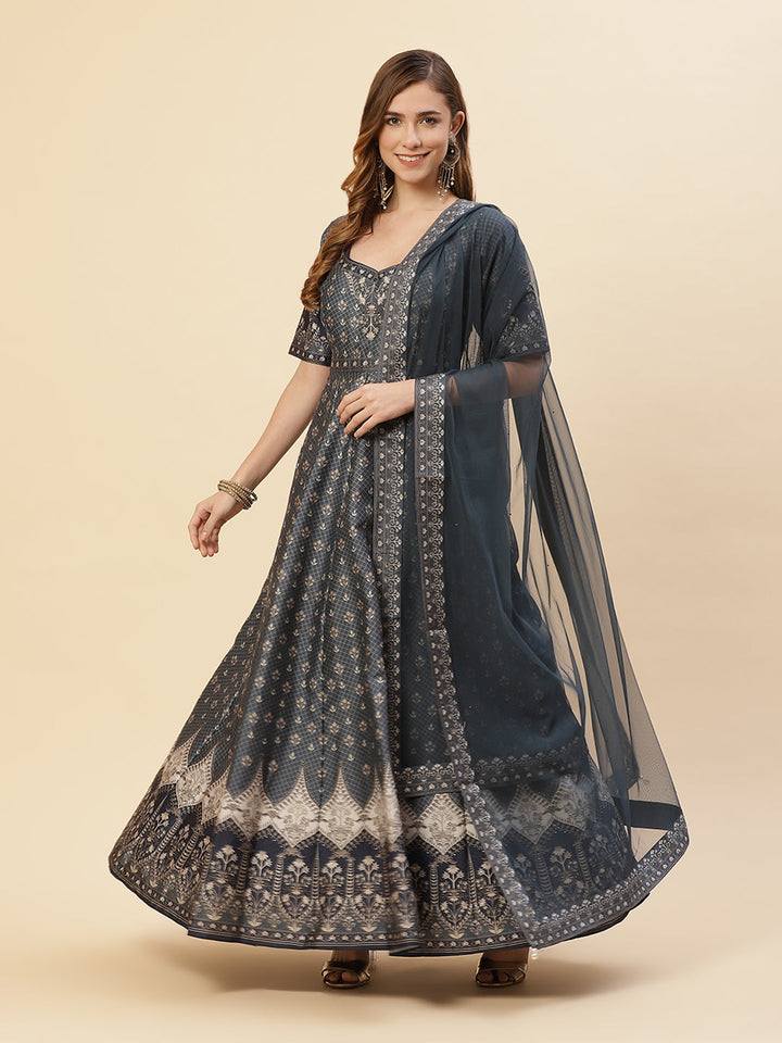 Digital Printed Art Tussar Anarkali Kurti With Chudidar And Net Dupatta