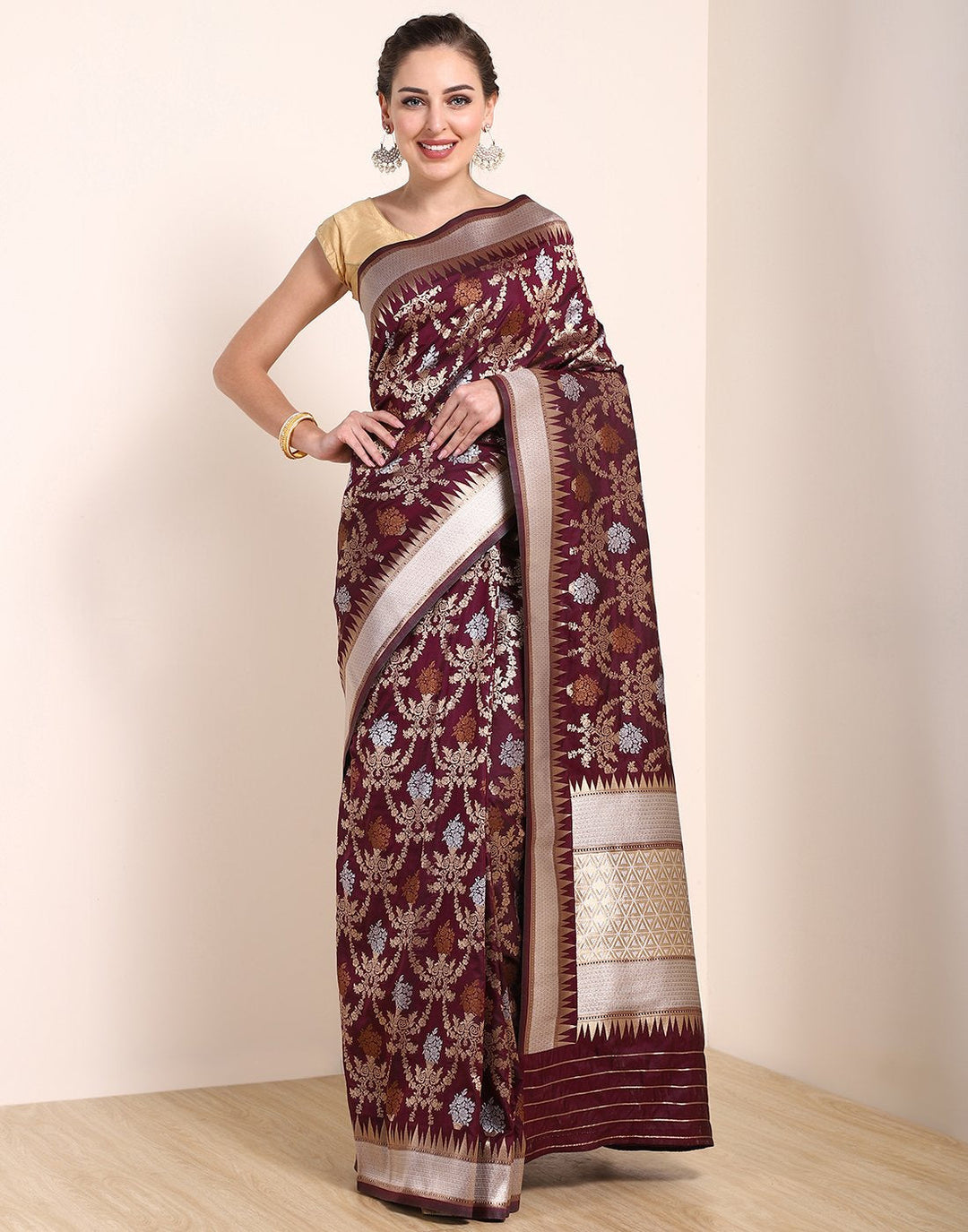 Wine Banarasi Art Handloom Saree
