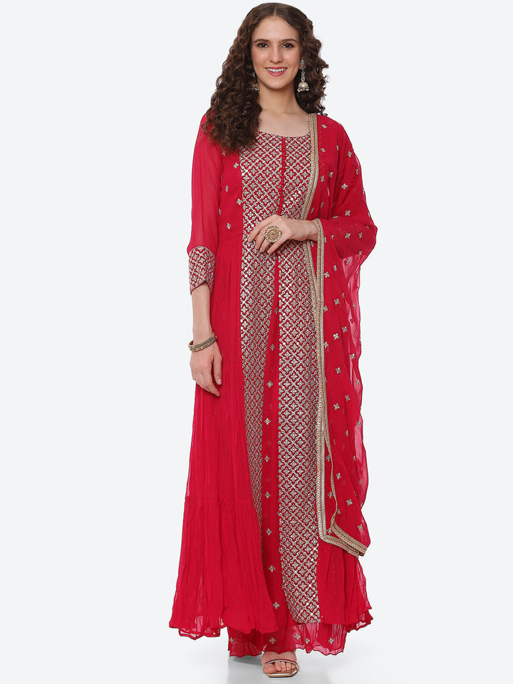 Zari Booti Neck Embroidered Georgette Kurta With Palazzo &amp; Dupatta
