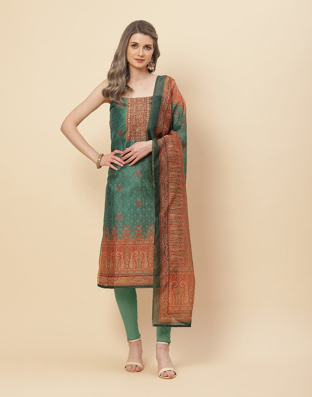 Patch Neck Work Printed Chanderi Suit Piece With Chanderi Printed Dupatta