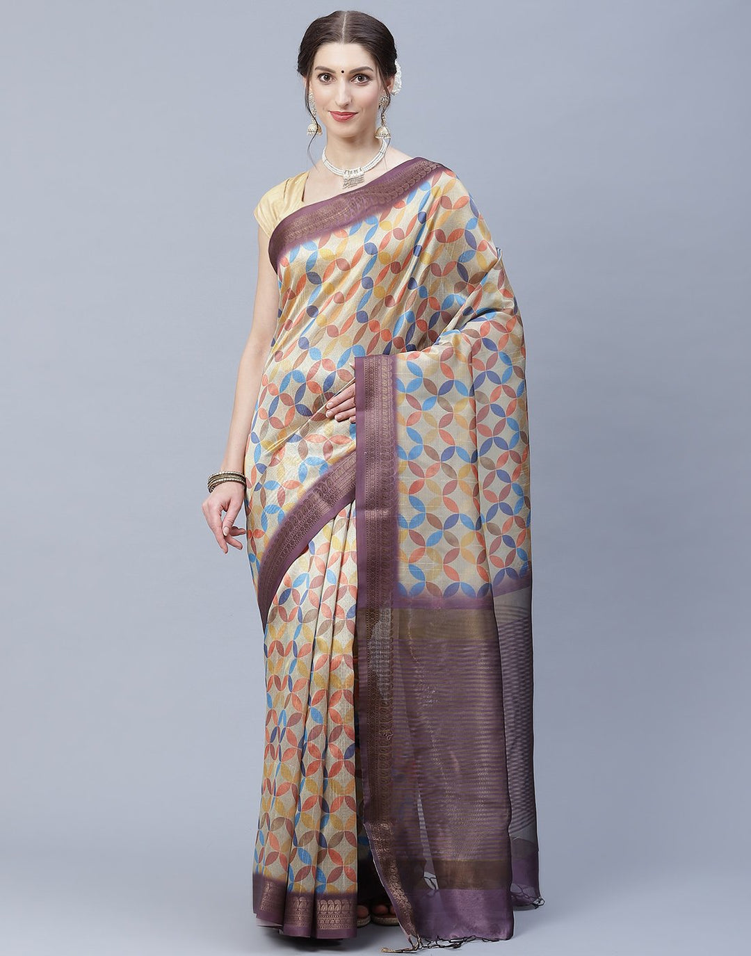 Beautiful  Multi Colored  Printed Cotton Chanderi Saree