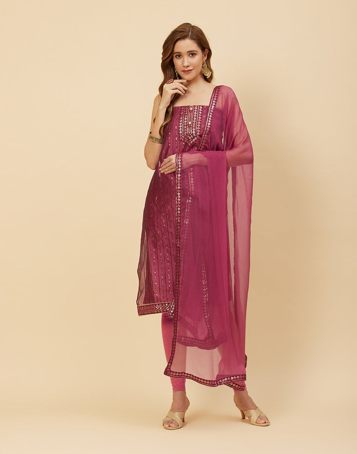 Embroidered Chanderi Suit Piece With Chiffon Dupatta