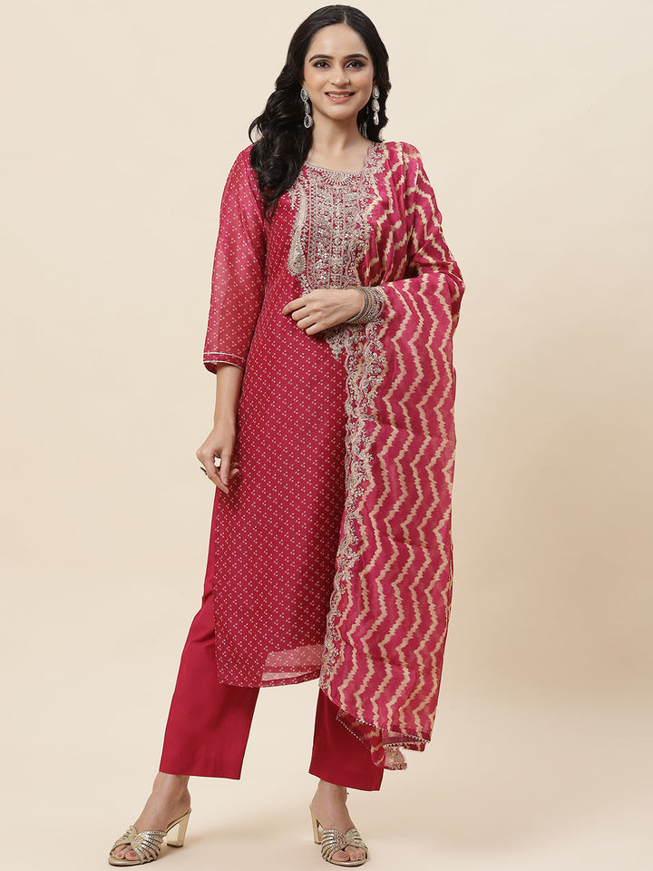 Bandhani Printed Chanderi Kurta With Pants &amp; Dupatta