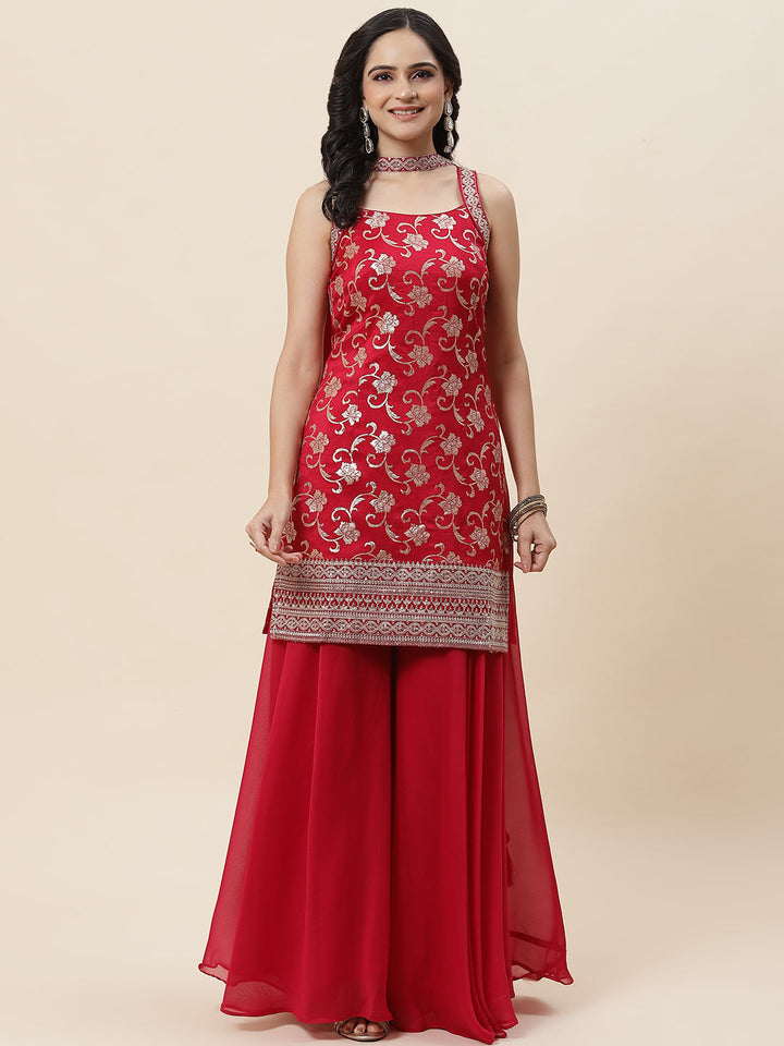 Floral Woven Georgette Kurta With Sharara &amp; Dupatta