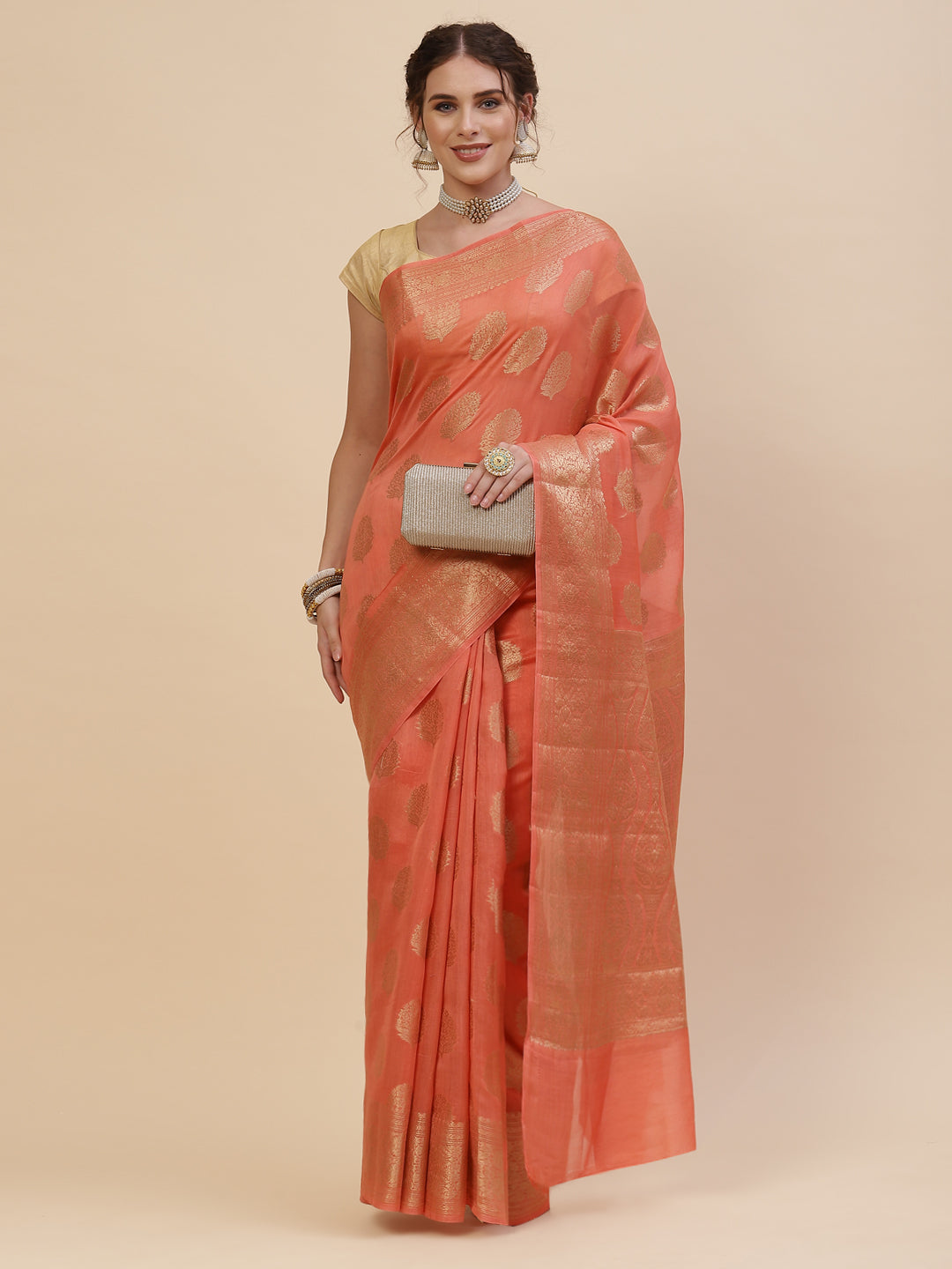 Zari Border Booti Cotton Woven Saree