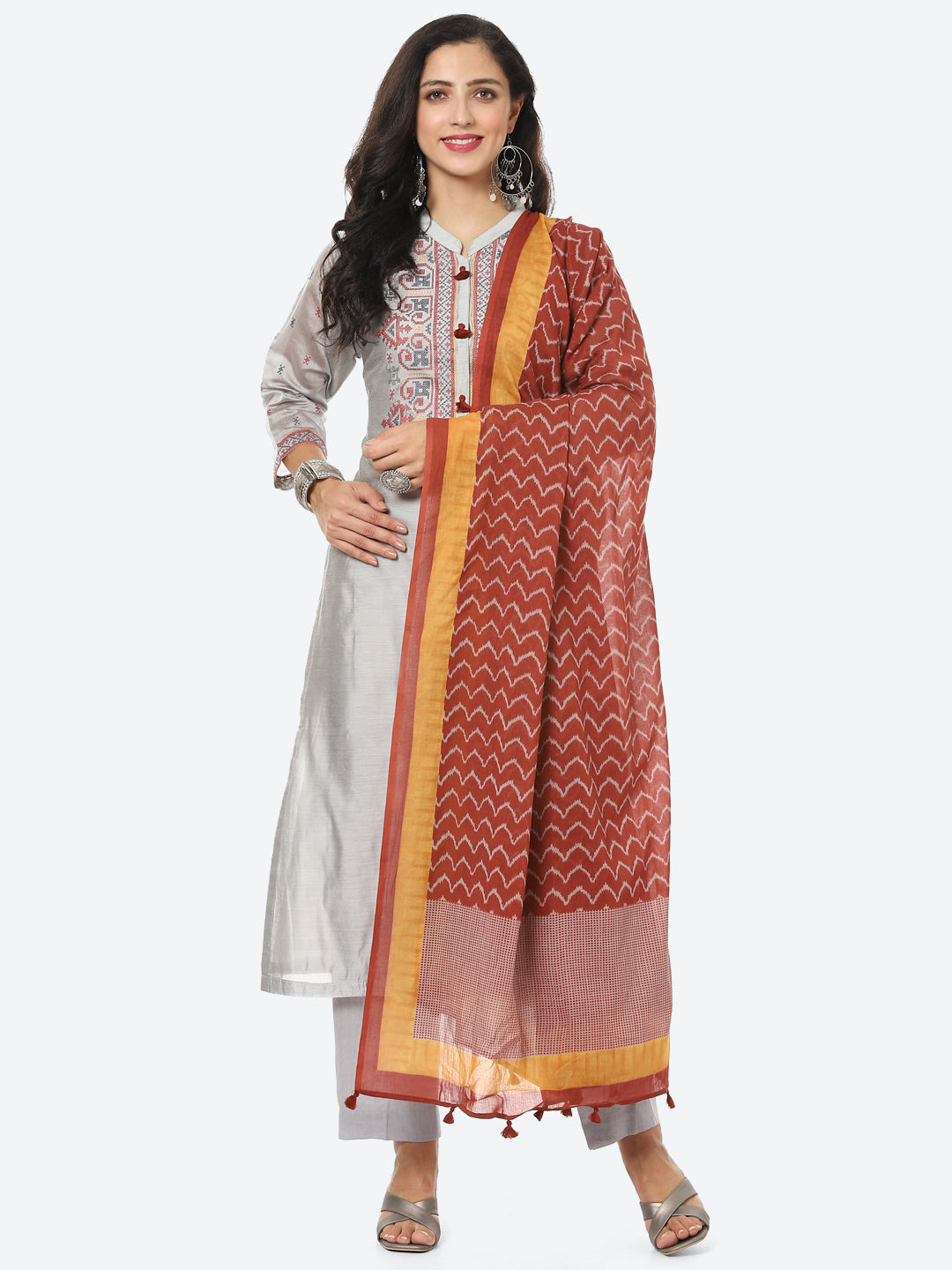 Embroidered Cotton Kurta With Pant &amp; Chanderi Dupatta