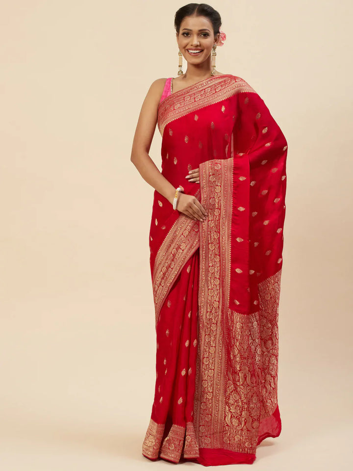 Zari Border Booti Satin Woven Saree