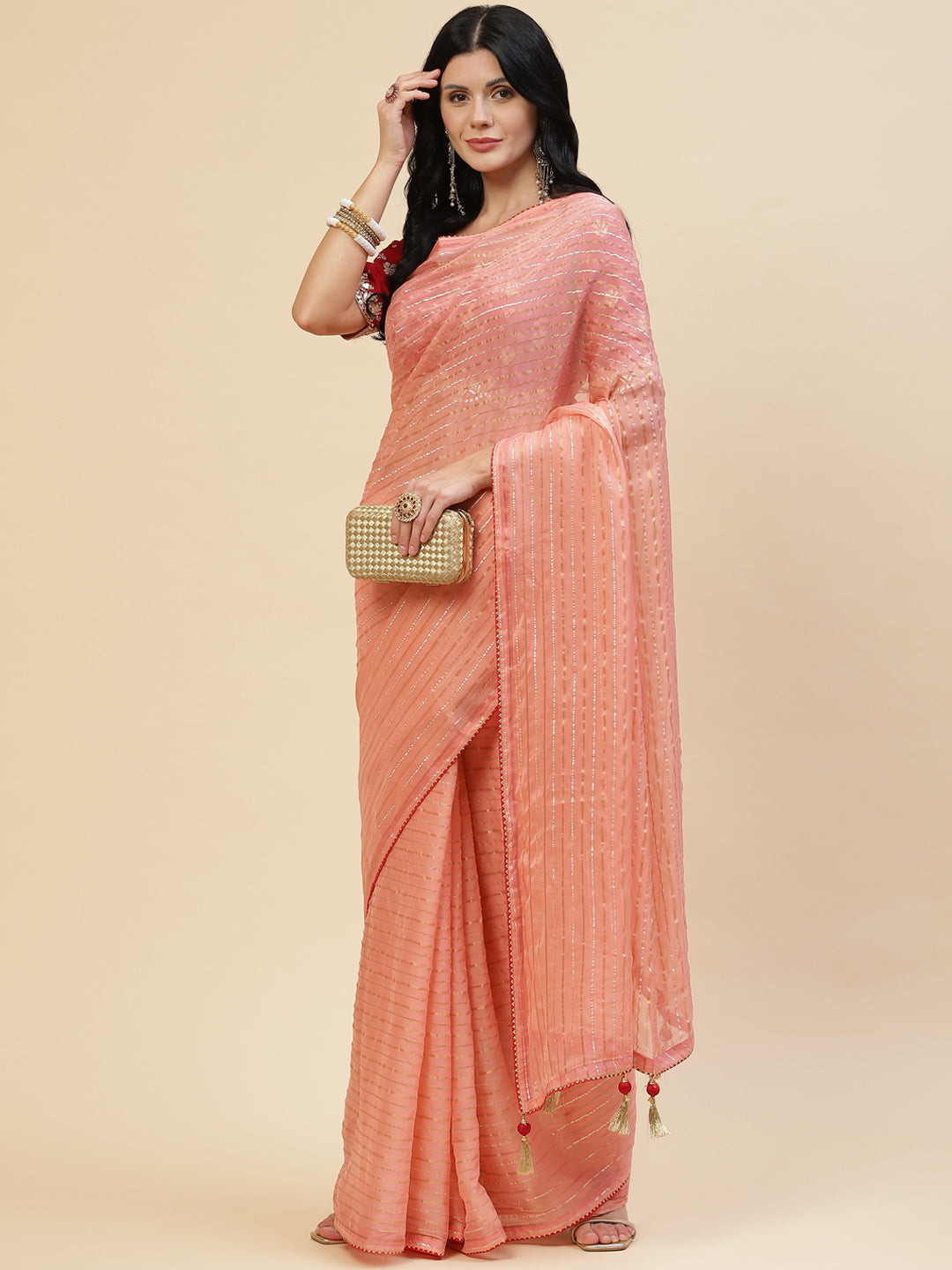Stripes Embroidered Organza Saree