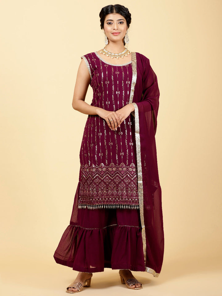 Sequen Georgette Kurta With Garara &amp; Dupatta