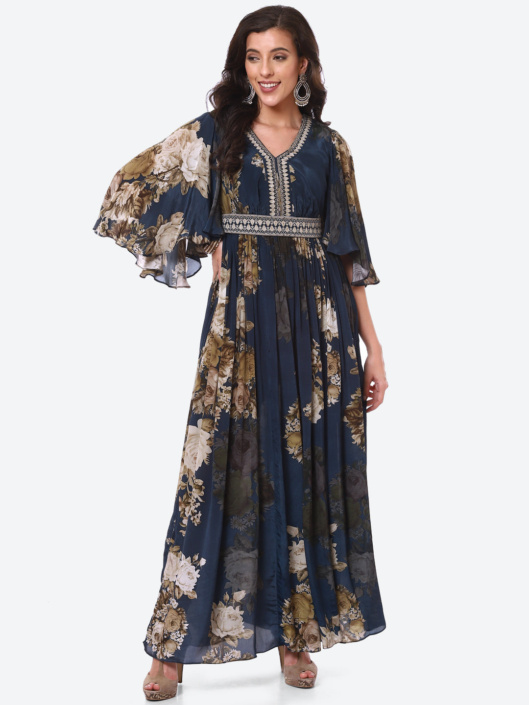 Floral Digital Printed Crepe A-Line Gown Dress