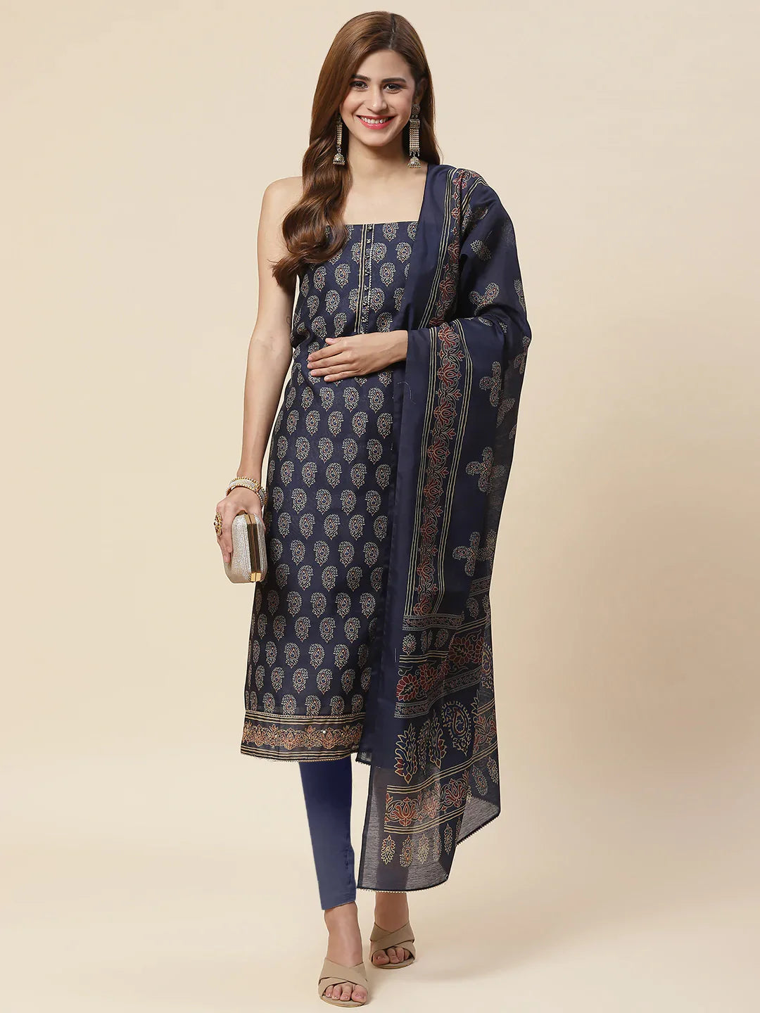 Indigo Printed Chanderi Unstitched Suit Piece With Dupatta