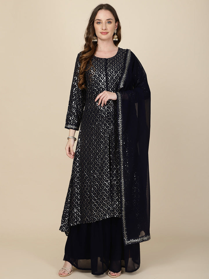 Resham Sequin Embroidery Georgette Kurta With Sharara &amp; Dupatta