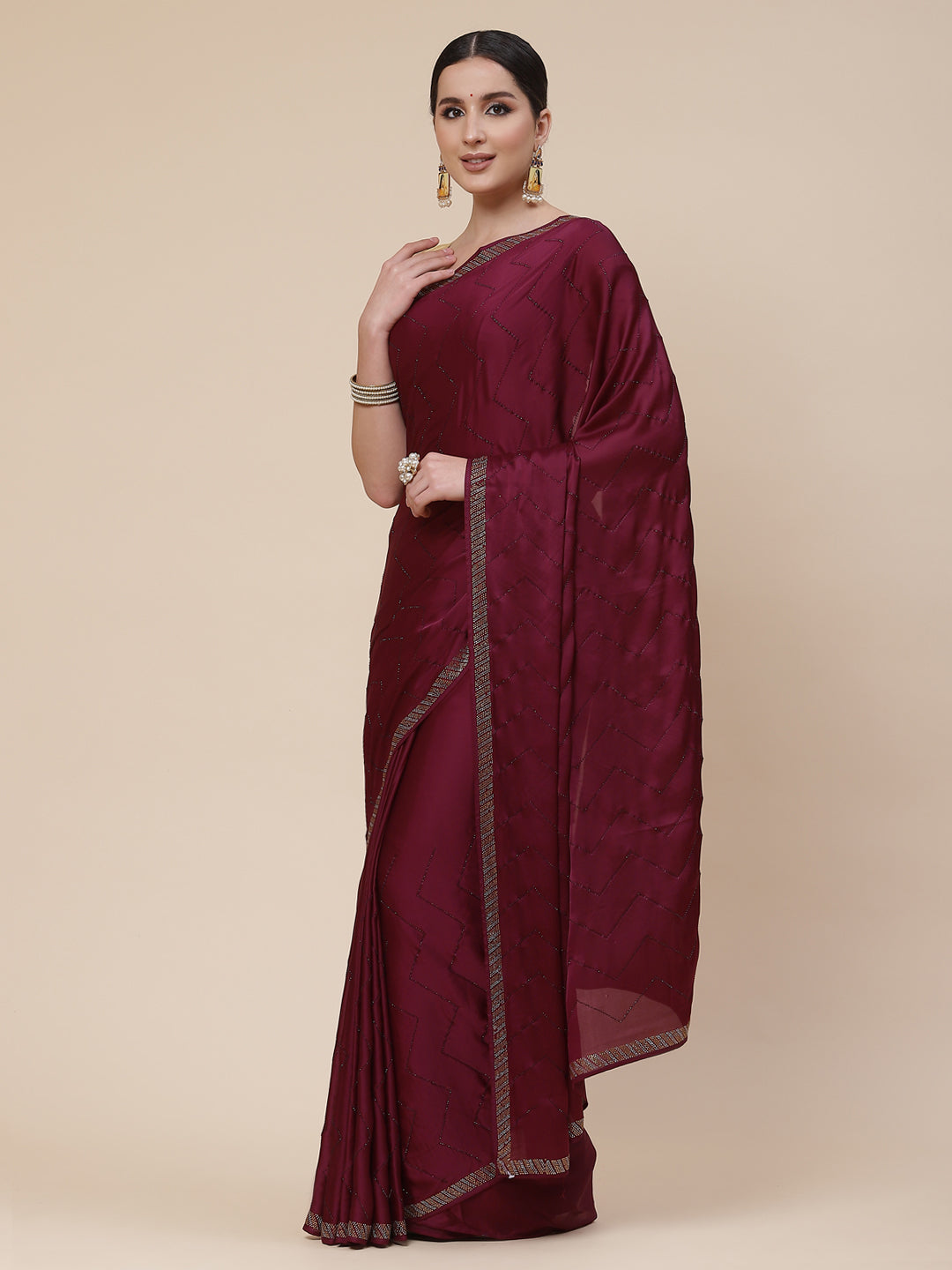 Stone Jaal Satin Embroidered Saree