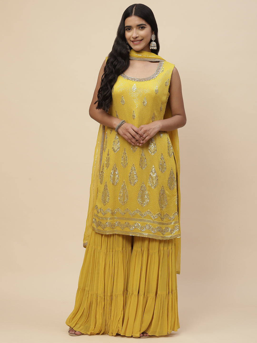 Sequin Embroidered Georgette Kurta With Sharara &amp; Dupatta