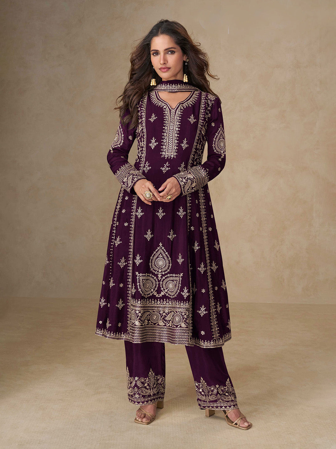Embroidered Chinon Kurta With Pant &amp; Dupatta