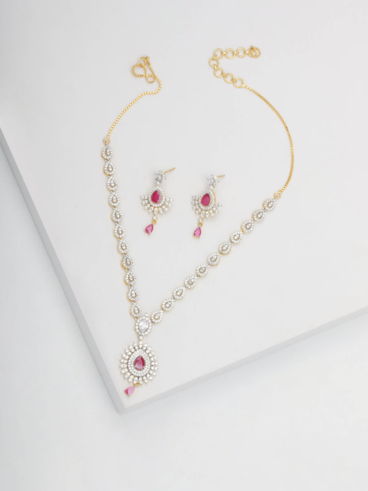 Golden &amp; Pink AD Necklace With Earrings
