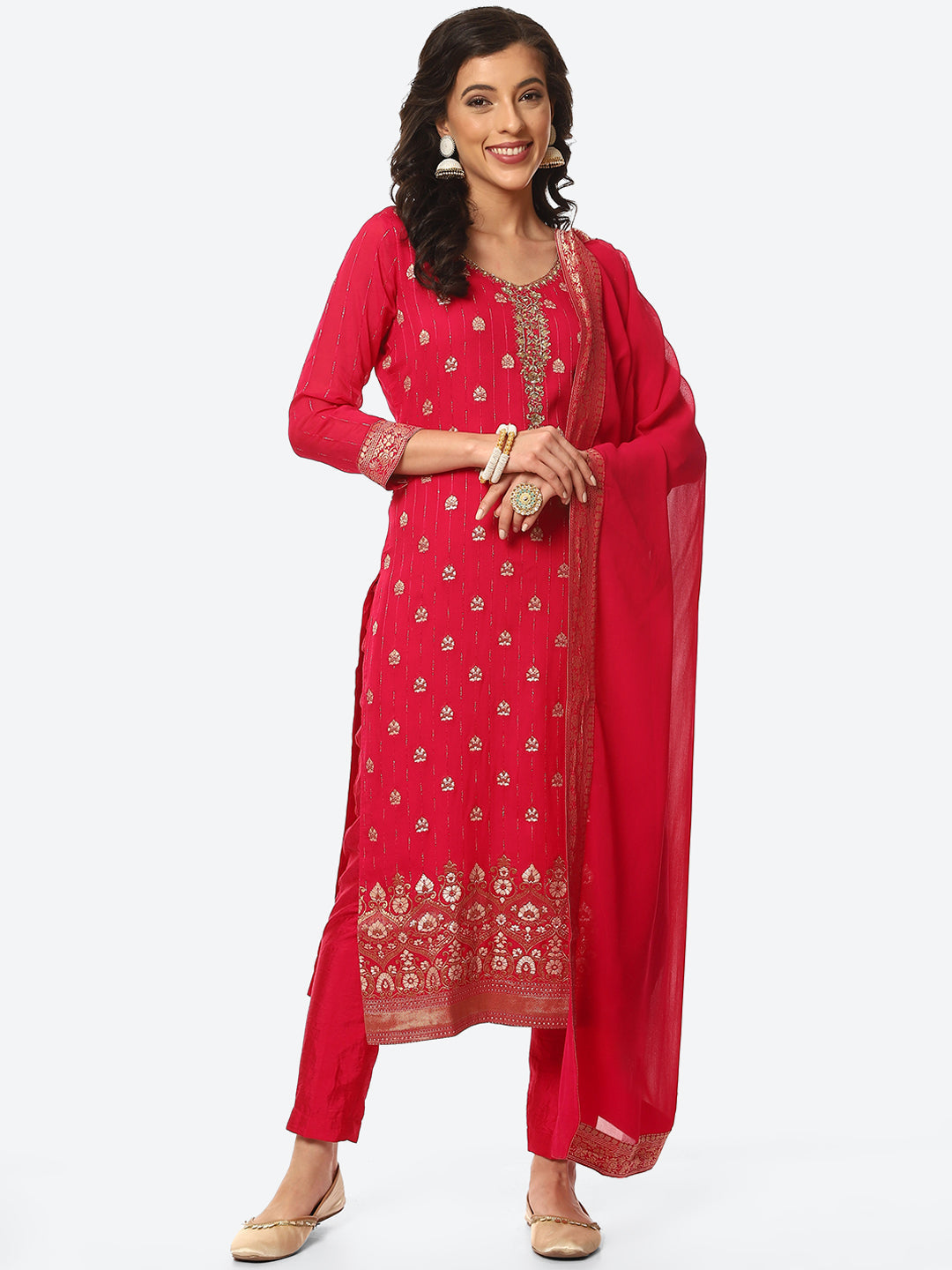 Zari Neck Embroidered Booti Border Kurta With Pant &amp; Dupatta