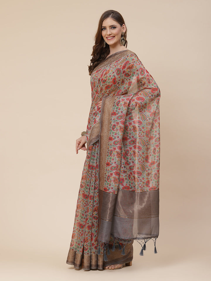Printed Banarasi Border Pallu Cotton Saree