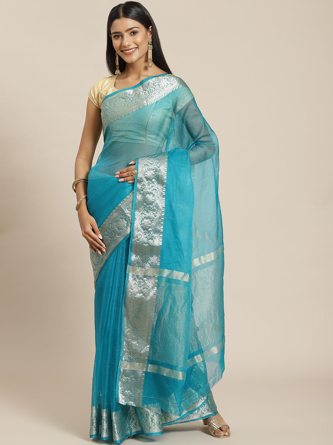 Zari Border Organza Plain Saree