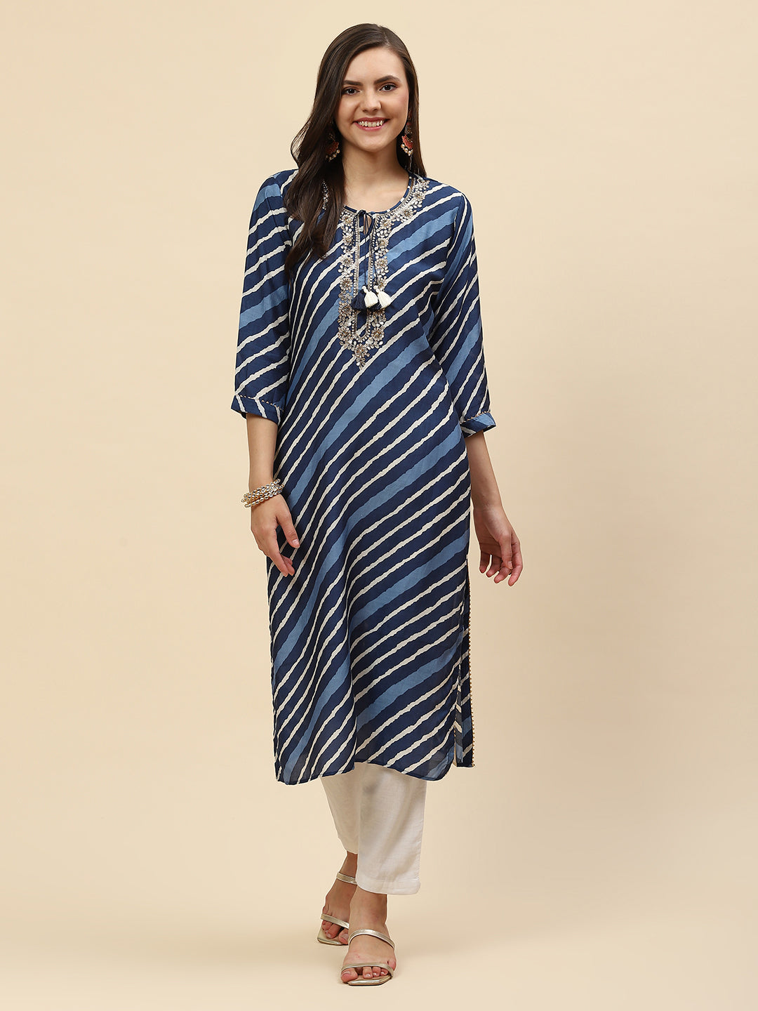 Neck Embroidered &amp; Printed Muslin Kurta