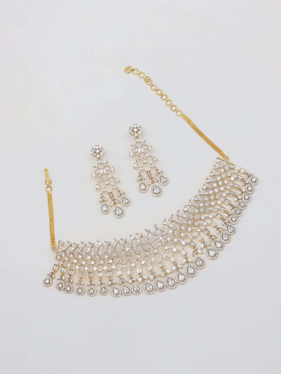 Gold White Stone Necklace With Earrings