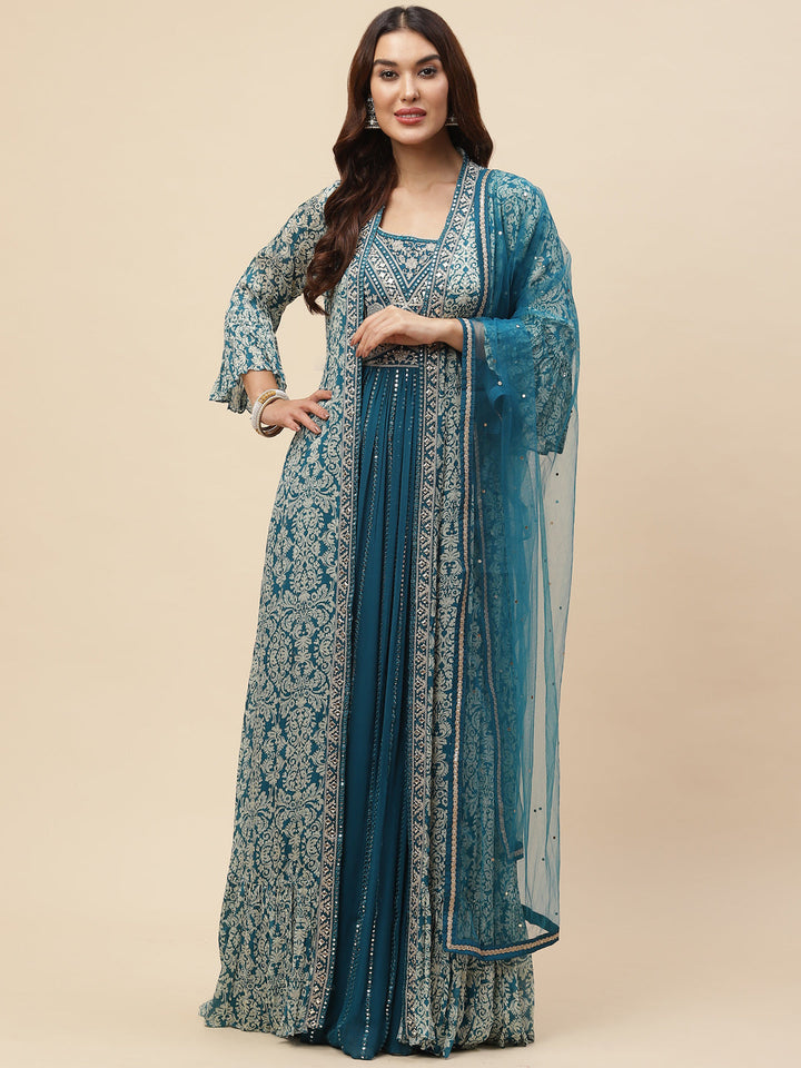 Neck Embroidered Georgette Gown With Jacket &amp; Dupatta