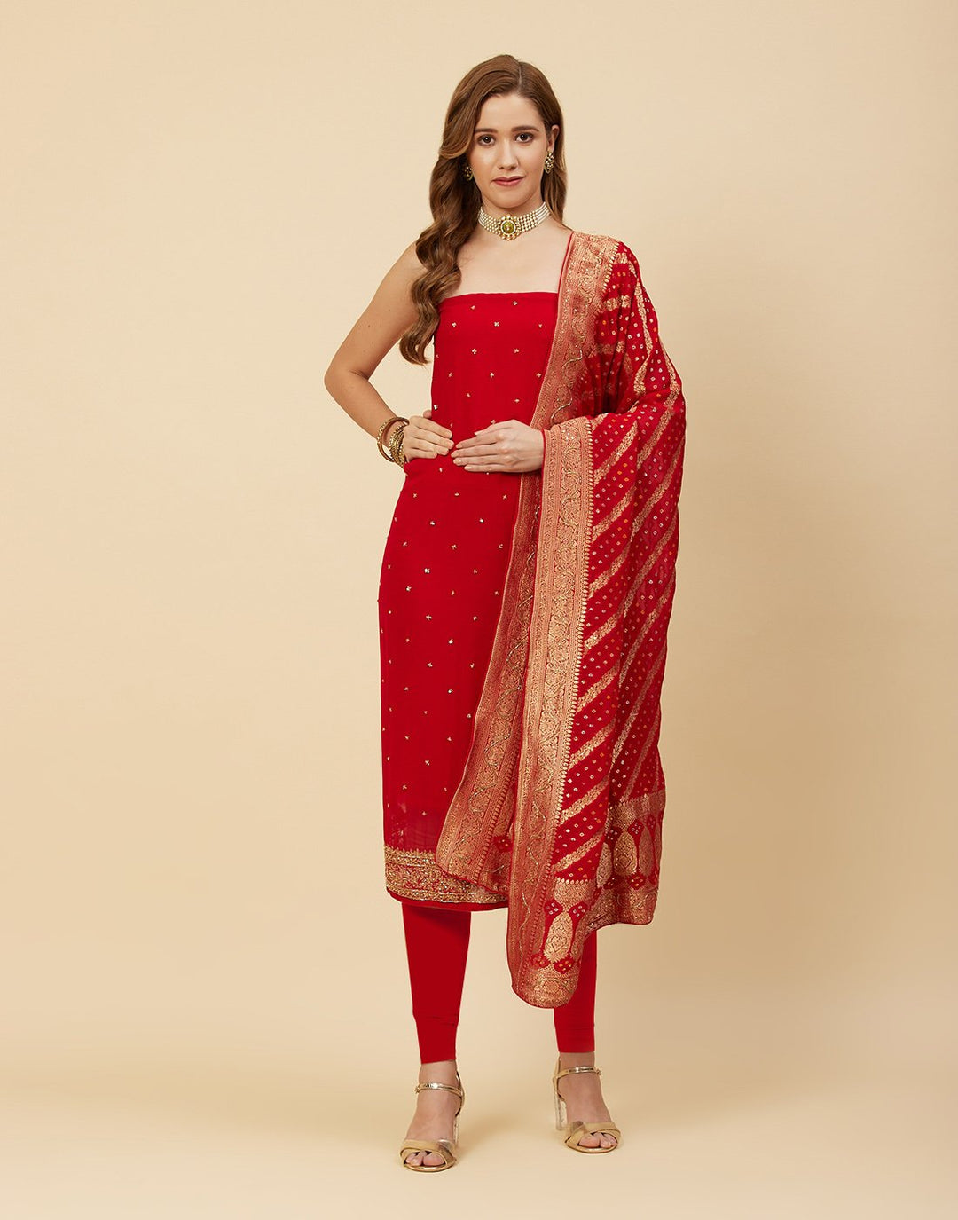 Embroidered Georgette Suit Piece With Bandhini Dupatta