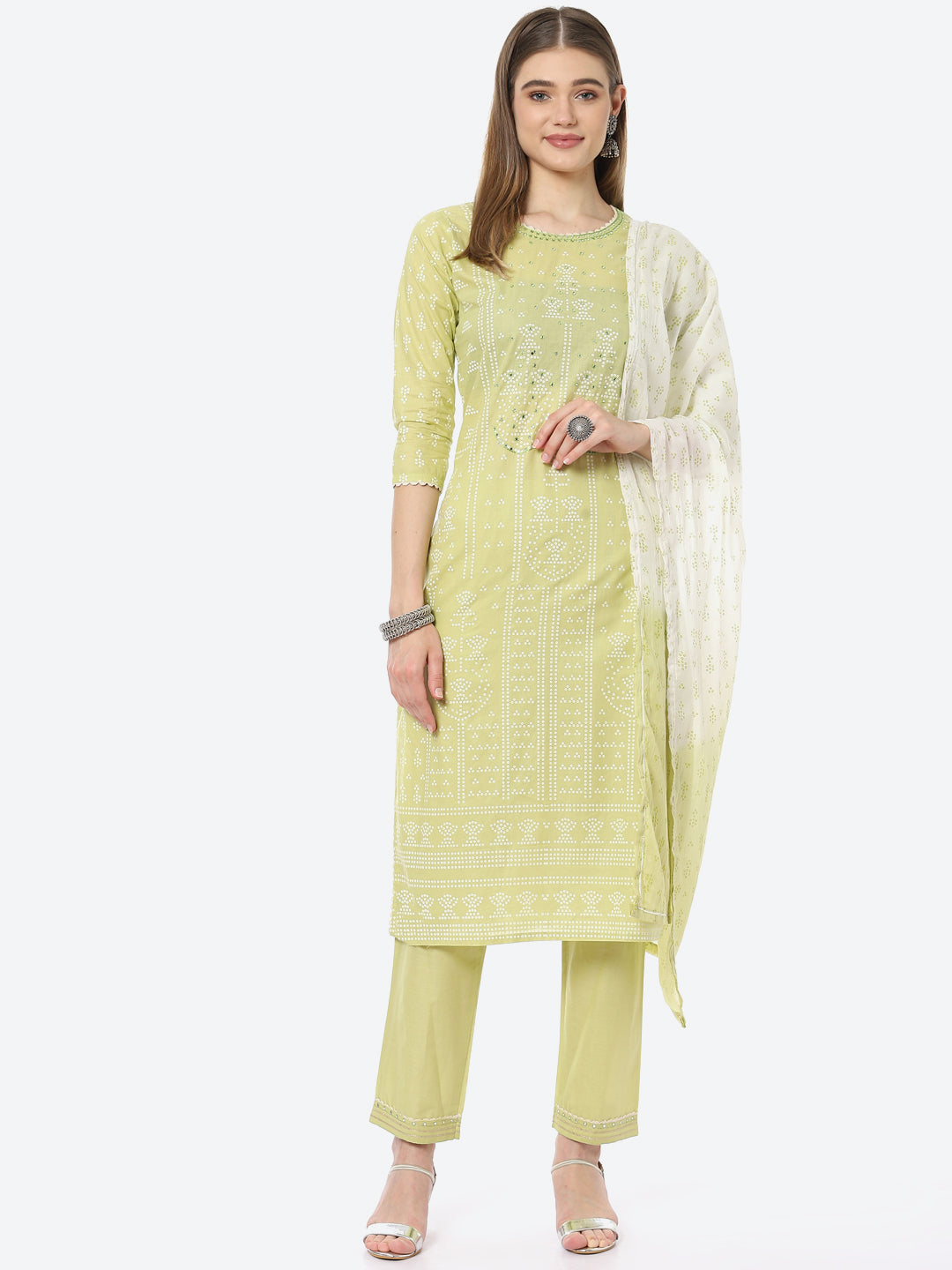 Bandhani Mirror Work Cotton Kurta With Pant &amp; Cotton Dupatta