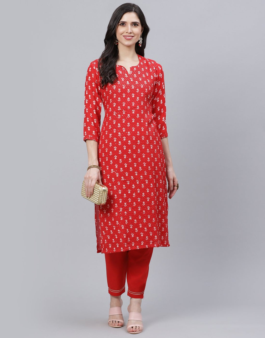 Printed Cotton Kurti Pant Set with Sequin Detail
