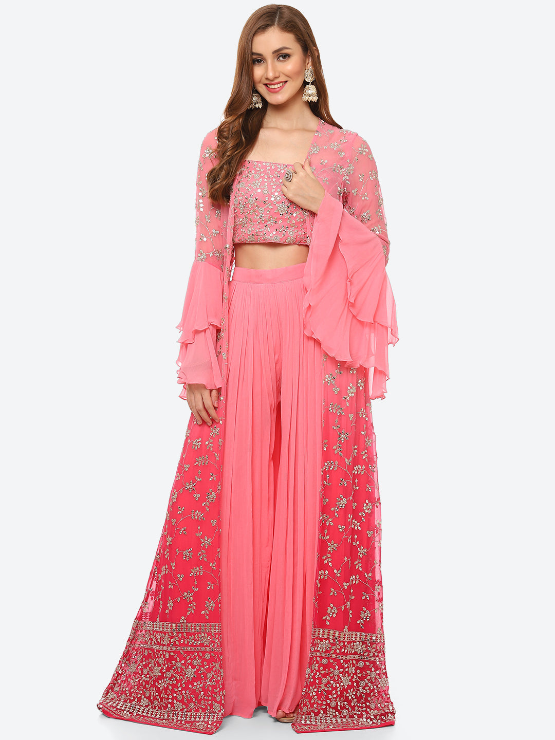 Zari Embroidered Booti Georgette Crop Top With Sharara &amp; Jacket