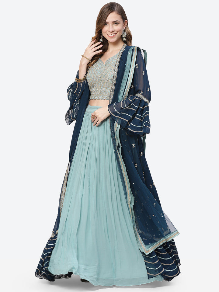 Mirror Work Georgette Jacket With Lehenga Choli And Net Dupatta
