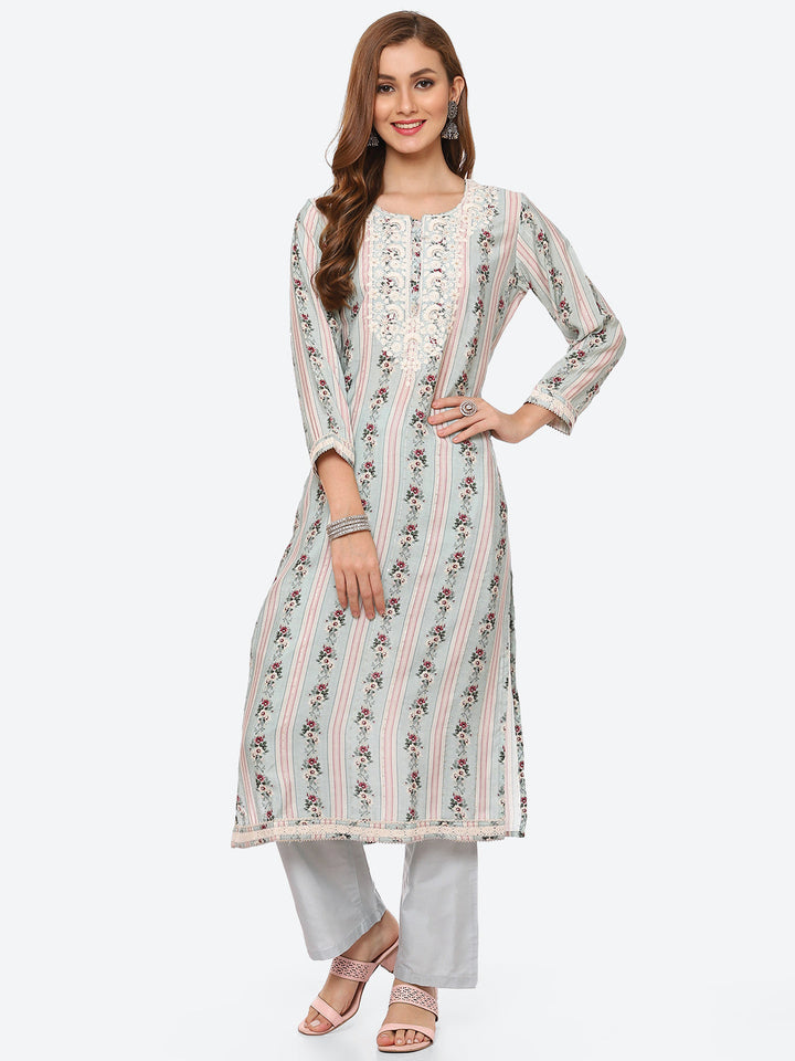 Resham Work Floral Printed Muslin Kurta With Pant