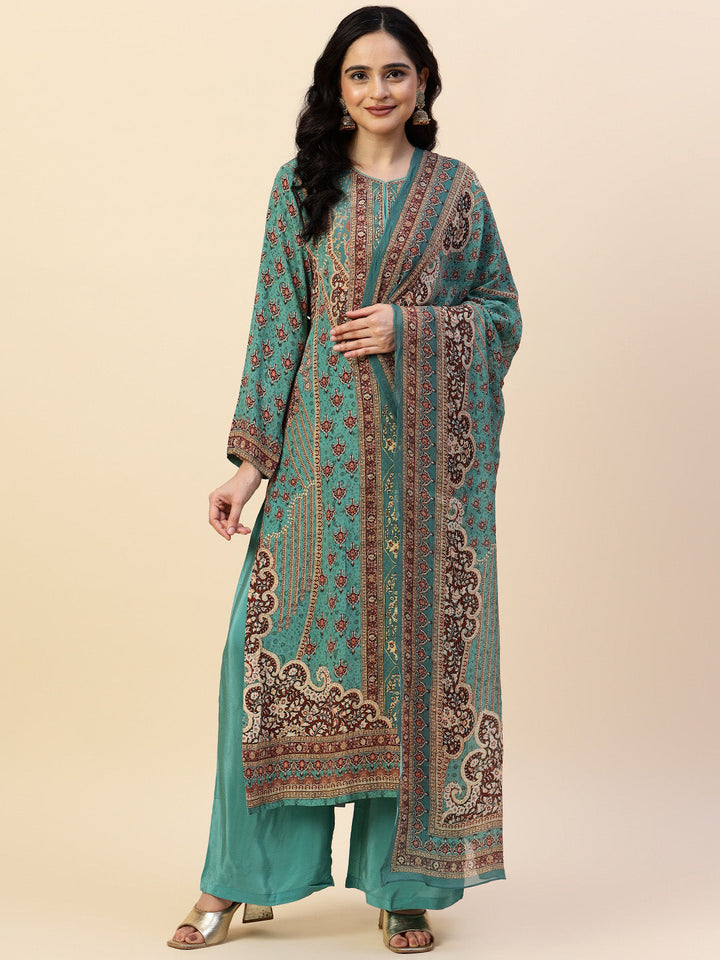 Digital Printed Crepe Kurta With Palazzo &amp; Dupatta