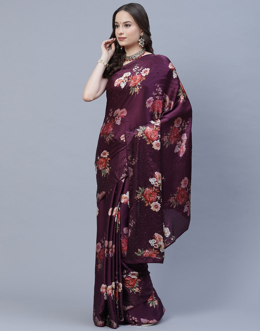 Digital Floral Printed Crepe Saree with Stone Work