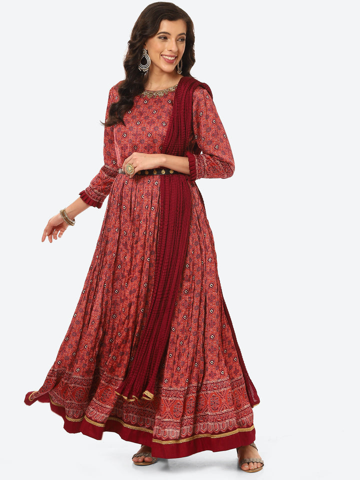 Printed Satin Anarkali Kurta With Churidar With Dupatta