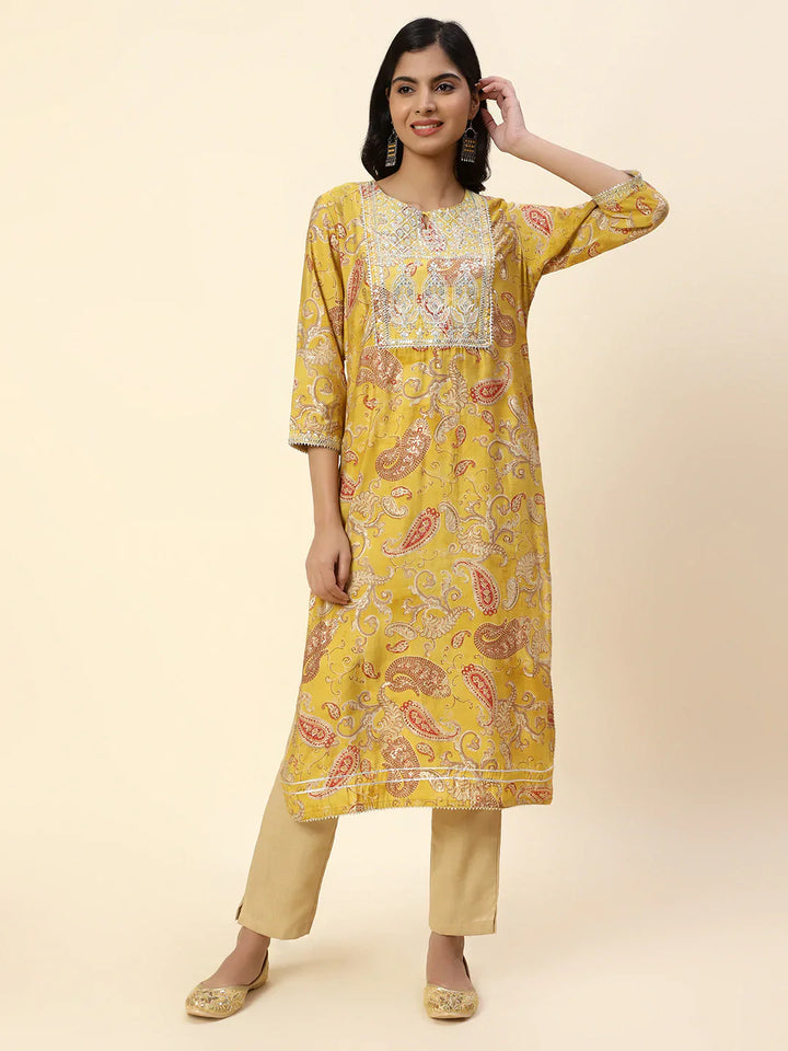 Printed With Yoke Embroidered Muslin Kurta