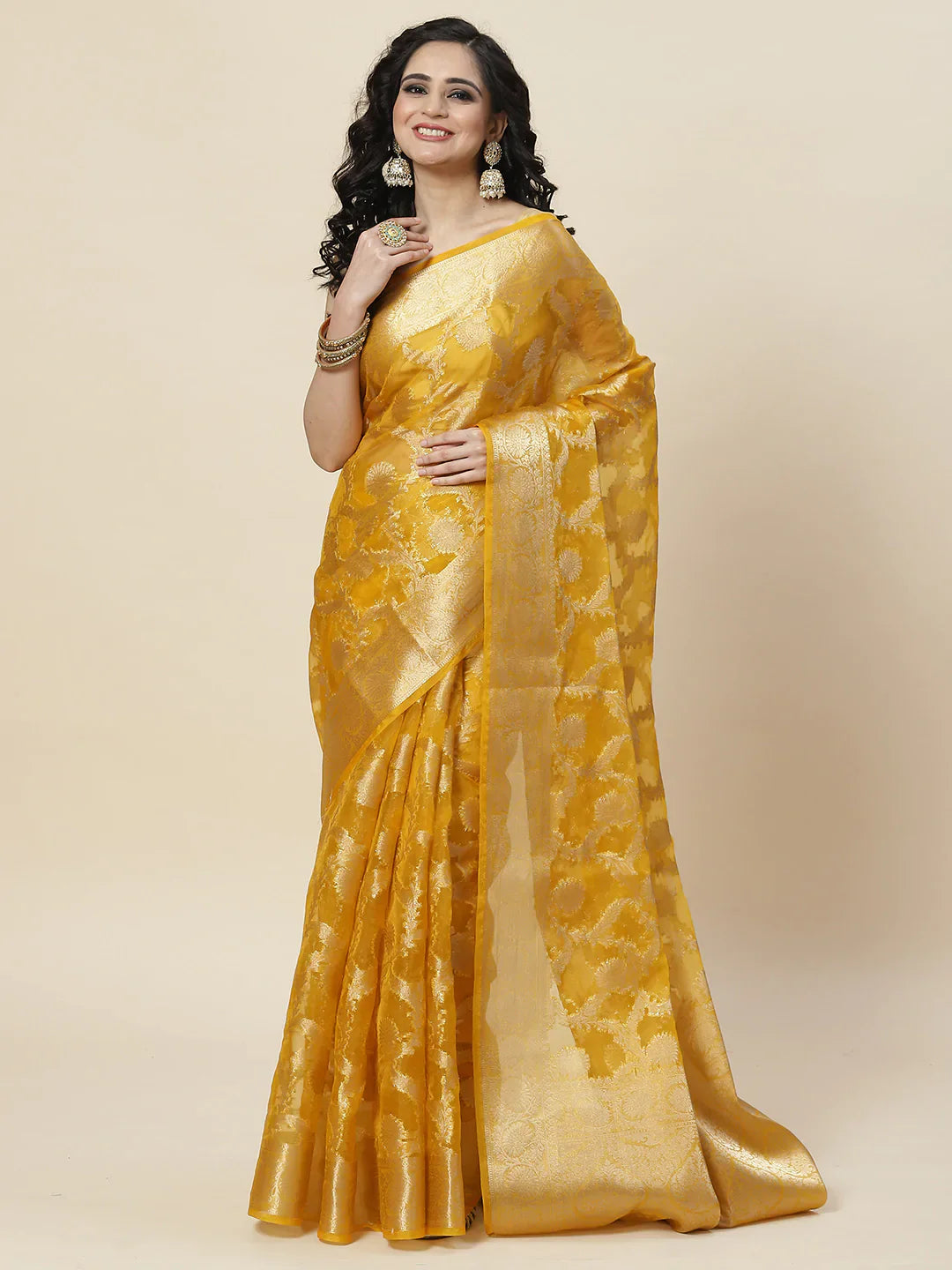 Floral Zari Jaal Organza Plain Saree
