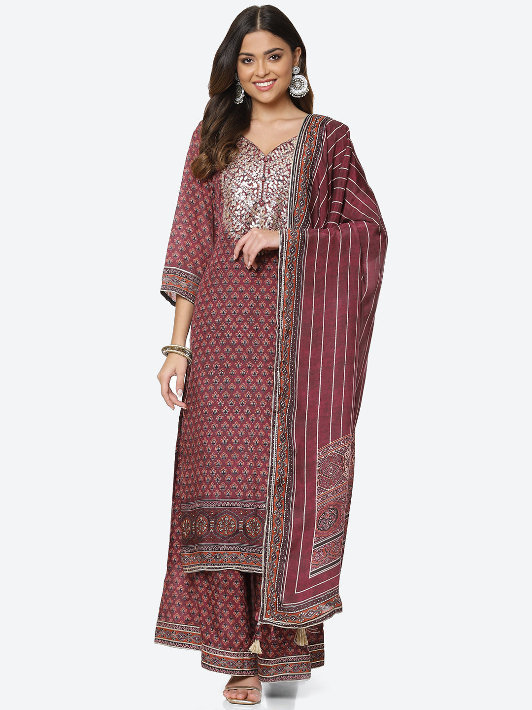 Printed Gota Neck Cotton Kurta With Palazzo &amp; Dupatta