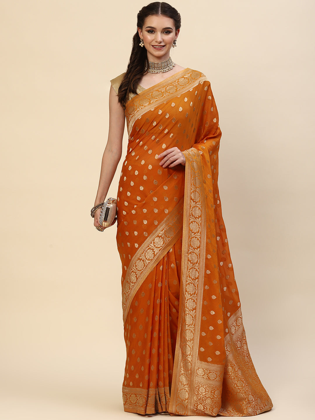 Zari Border Booti Georgette Plain Saree