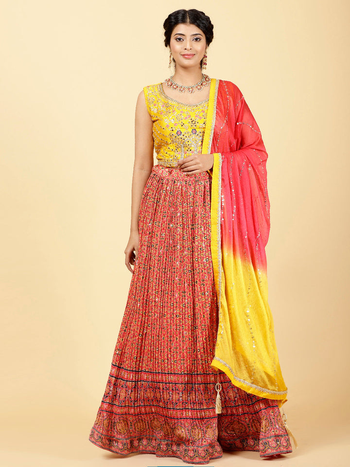 Printed &amp; Embroidered Crepe Choli With Lehenga &amp; Dupatta