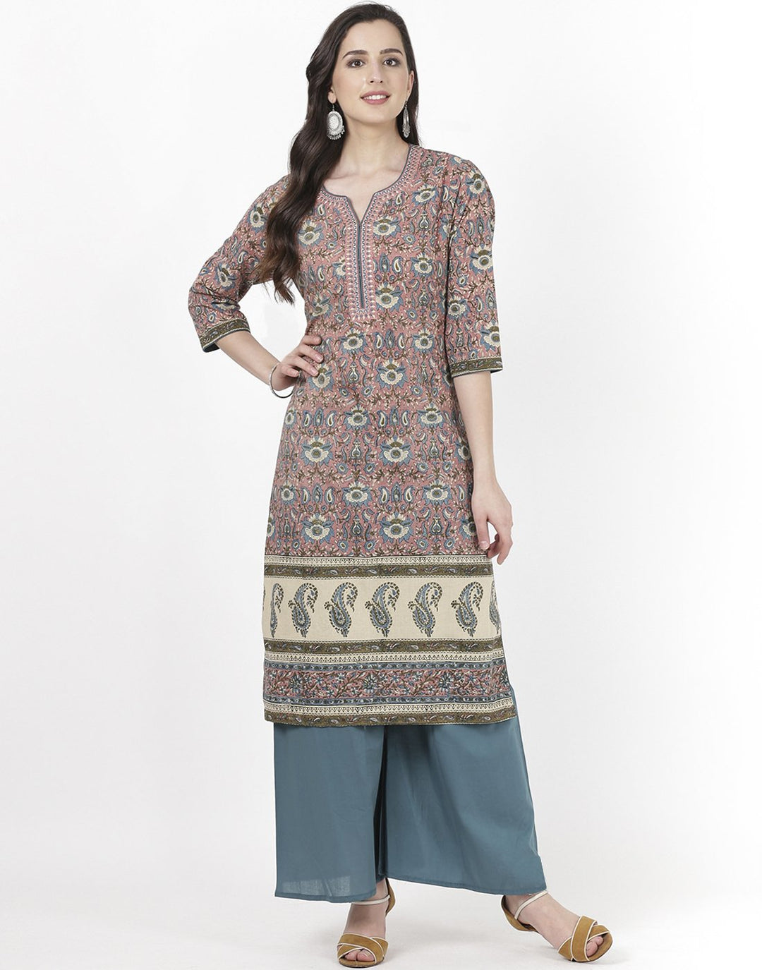 MBZ Meena Bazaar-Pink Teal Blue Cotton Kurti with Palazzo