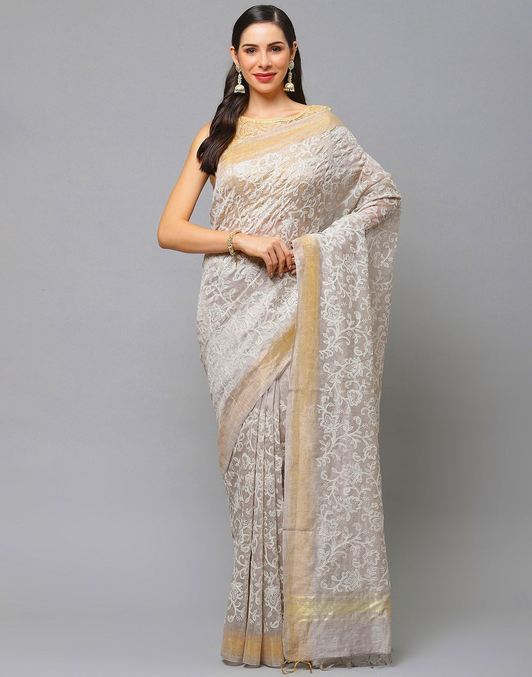 Embroidery Firozee and Grey Saree