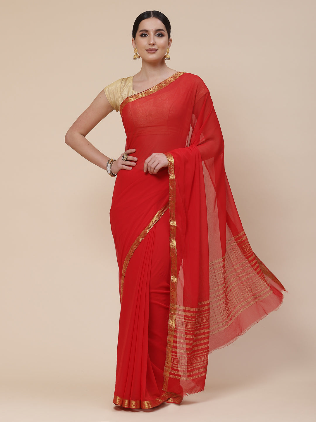 Piped Border Chiffon Plain Saree