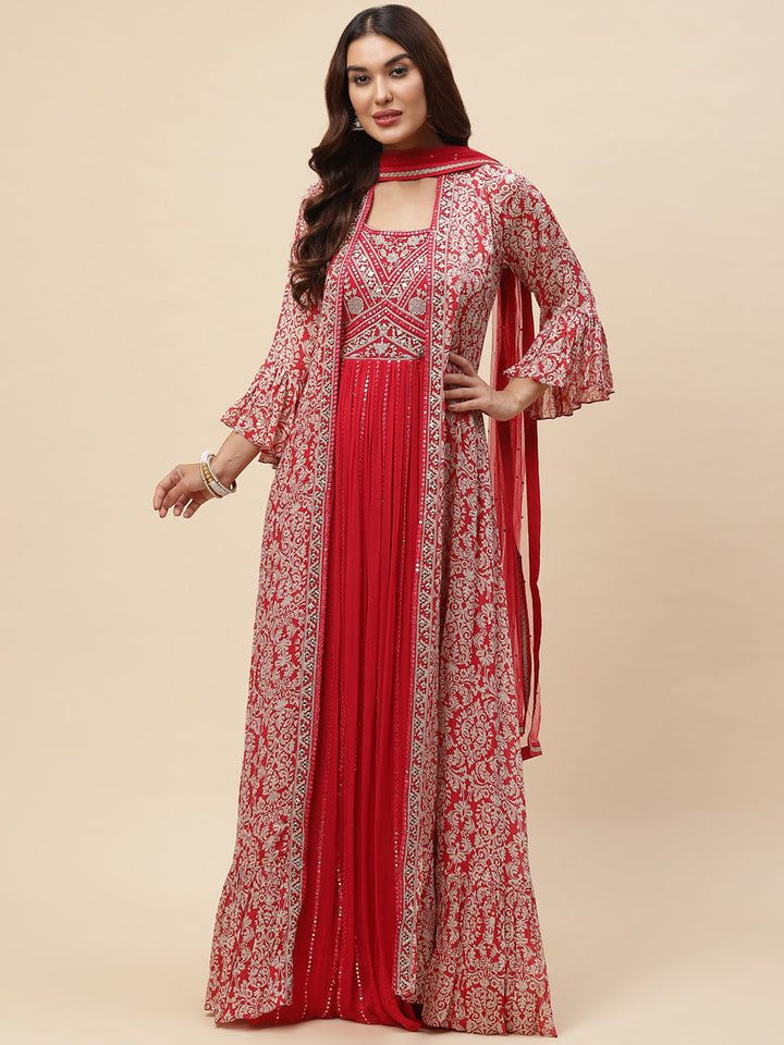 Neck Embroidered Georgette Gown With Jacket &amp; Dupatta
