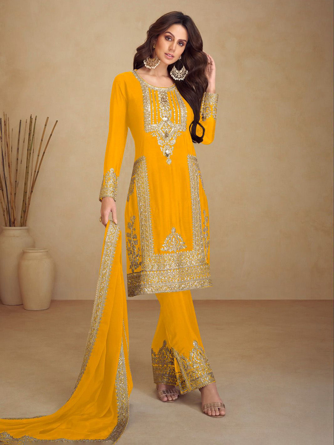 Embroidered Chinon Kurta With Pant &amp; Dupatta