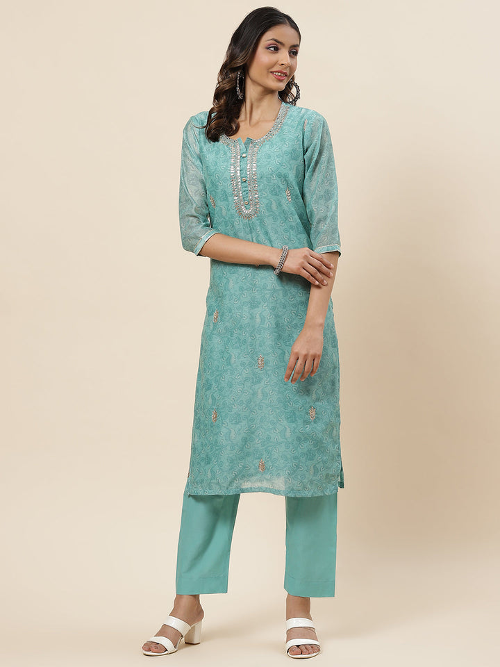 Printed &amp; Neck Embroidered Chanderi Kurta With Pants